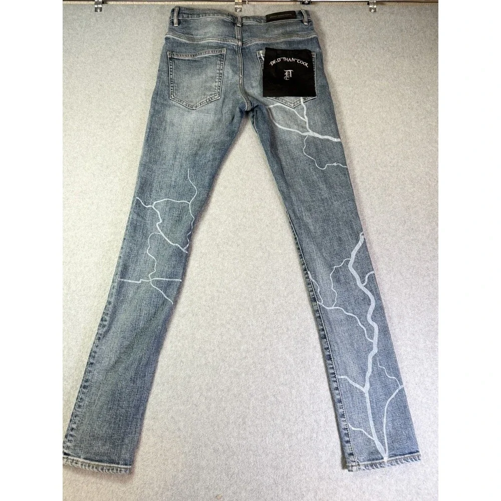 DEAD THAN COOL Youth Slim Fit Jeans Light Wash Painted Distressed Denim Size 28